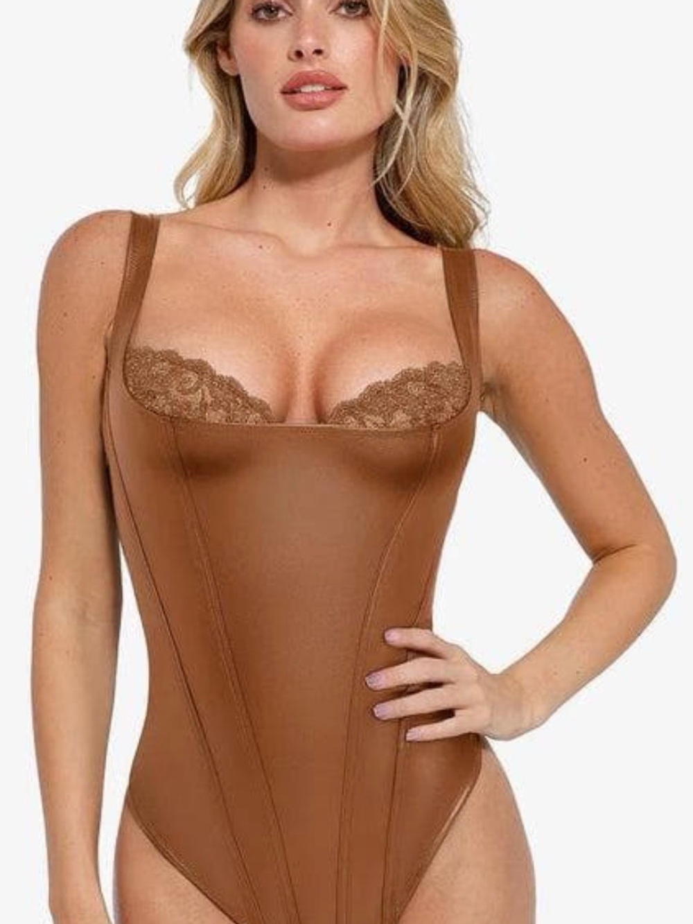 Seam-Sculpt Bodysuit with Lace Trim in Chestnut